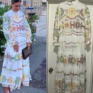 Zara White Maxi Dress with Colorful Embroidery